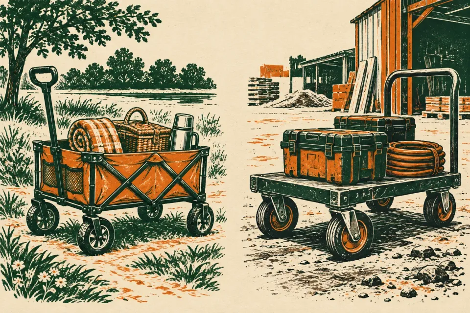Editorial illustration: A folding wagon with a picnic basket appears beside a different platform trolley carrying tool cases at a worksite.