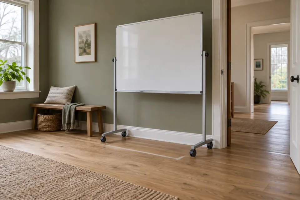 Editorial illustration: A blank whiteboard on wheels stands beside an open doorway, with tape on the floor marking the space in front of it.