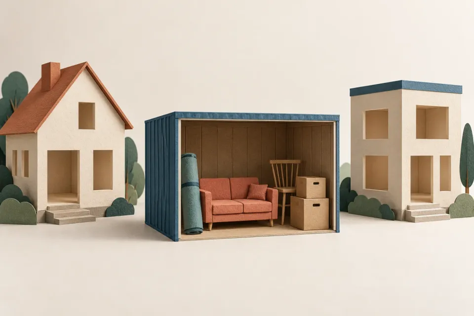 Editorial illustration: A paper storage room holding a sofa, chair, rug and moving boxes stands between two different houses.