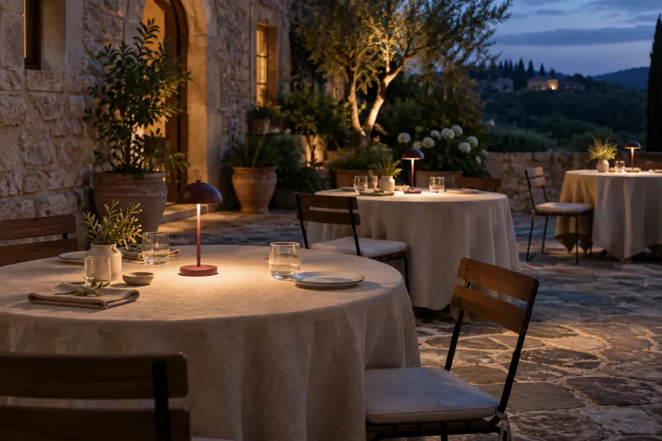 Editorial illustration: Small burgundy lamps illuminate separate linen-covered tables in a stone courtyard at dusk.
