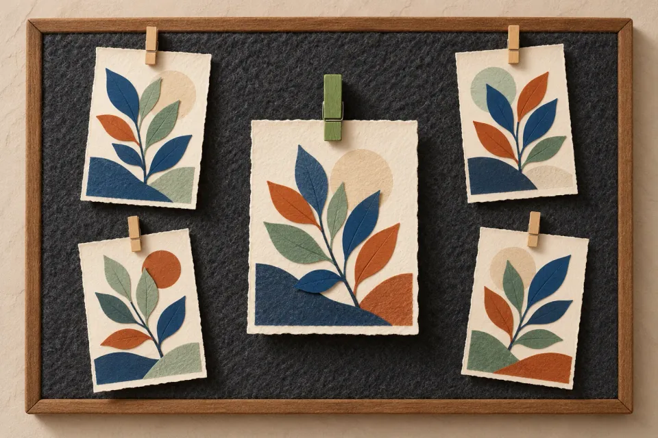Editorial illustration: Five paper botanical designs sit on a felt board, with a larger central proof distinguished by a green clip.