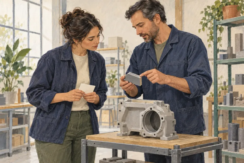 Editorial illustration: Two people examine a small material piece above a mechanical housing while one holds a blank card.