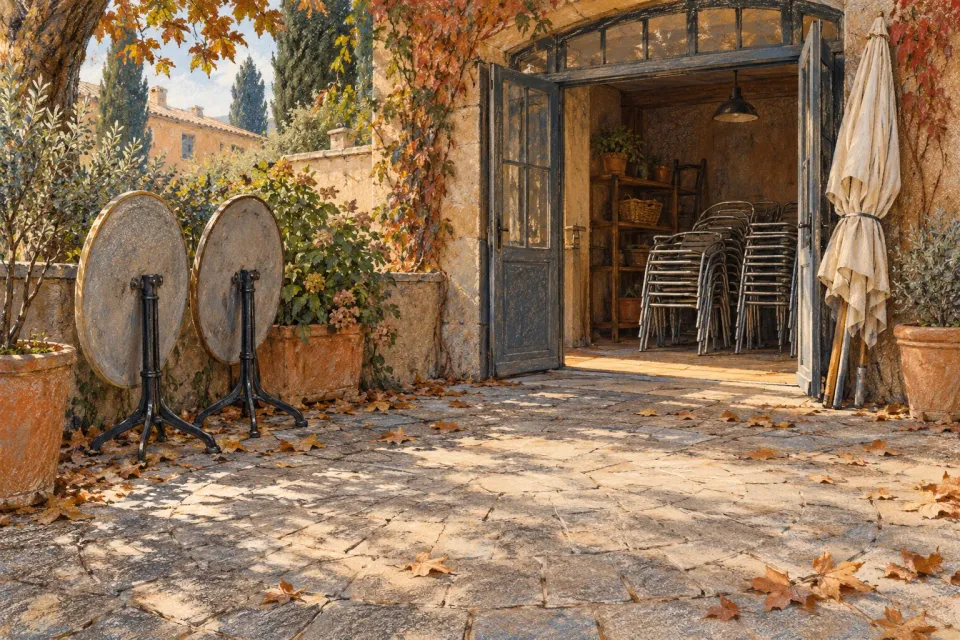 Editorial illustration: A café has set two round tables aside and stacked chairs inside an open storage room beside a leaf-strewn courtyard.
