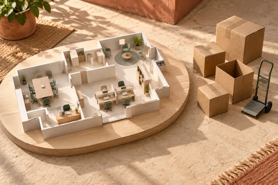 Editorial illustration: An office model on a round wooden platform stands apart from cardboard boxes and a small hand trolley.