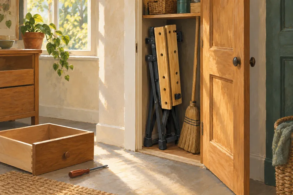 Editorial illustration: A folded workbench stands in a narrow cupboard beside a broom, with a wooden drawer and screwdriver on the floor.