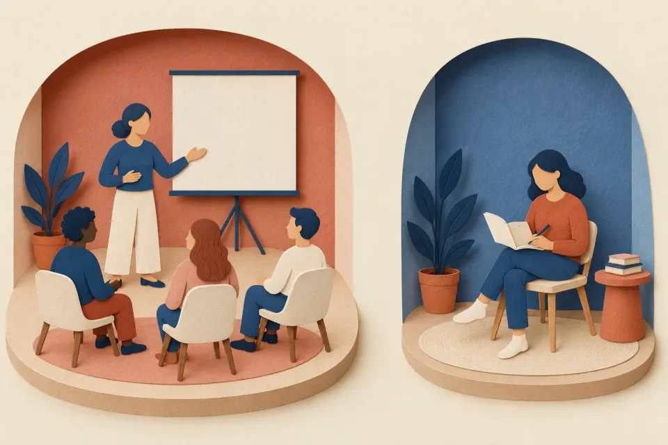 Editorial illustration: One paper scene shows a facilitator with three participants, while another shows a person independently reading a booklet.