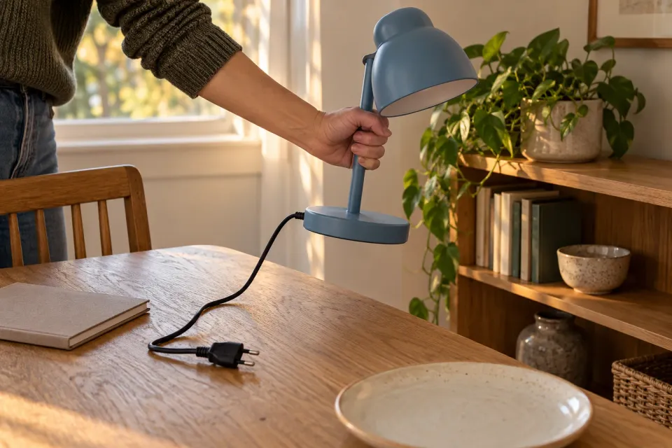 Editorial illustration: A hand lifts a blue task lamp while its cable and unplugged plug remain visible on the dining table.