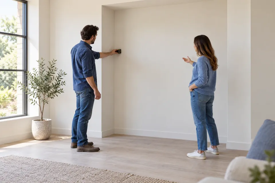Editorial illustration: Two people inspect an empty wall alcove while one holds a measuring tool against the wall.