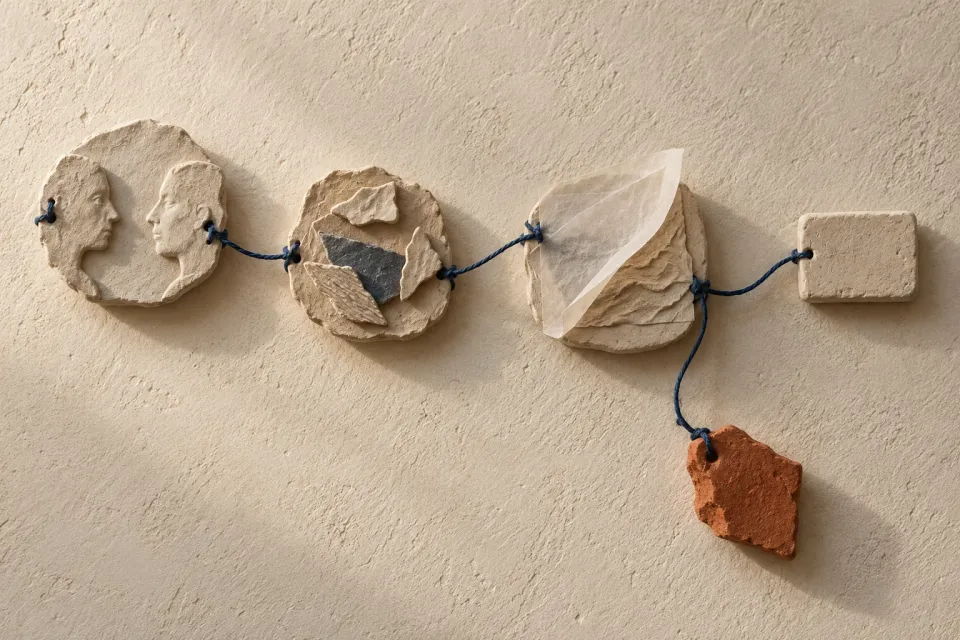 Editorial illustration: Different ceramic relief pieces are connected by threads, with a separate branch retained to one side.