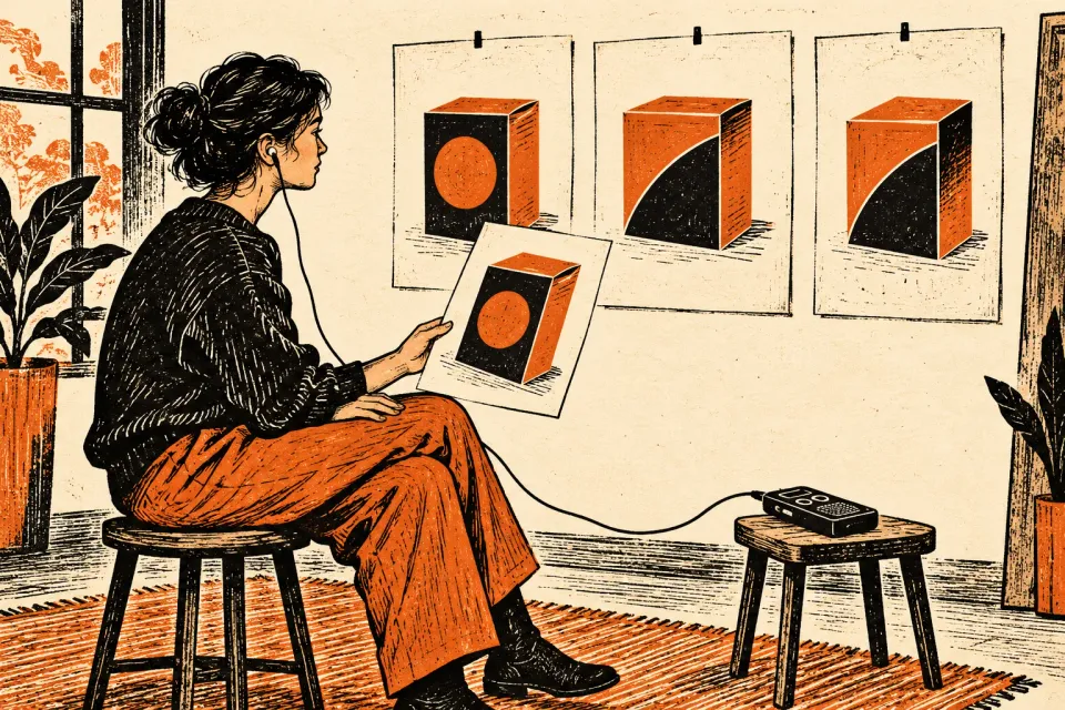 Editorial illustration: A person listens to a recording while comparing a packaging proof with three versions pinned in a studio.