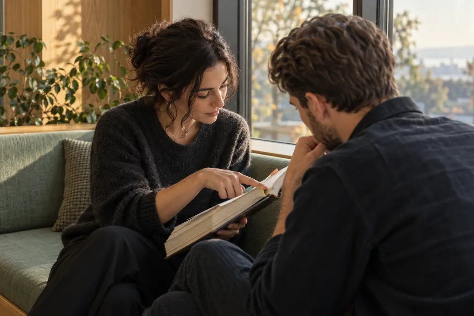 Editorial illustration: Two colleagues sit beside a window and follow the same tabbed place in an open book.
