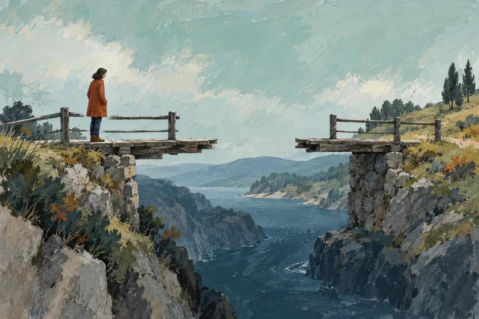 Editorial illustration: A person in a rust-colored coat stands before a missing section of a wooden bridge over a rocky gorge.