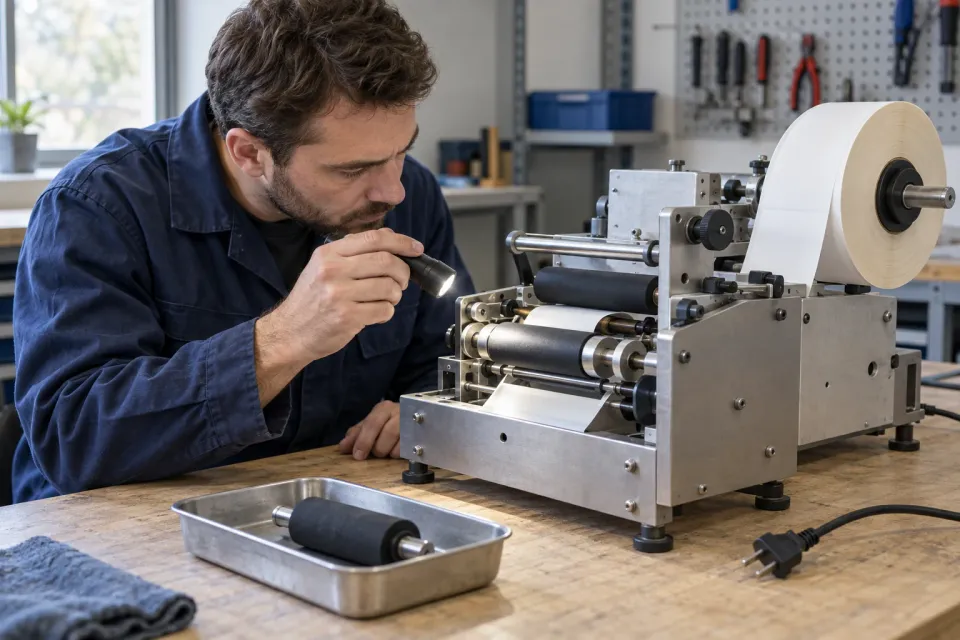 Editorial illustration: A technician inspects a labelling mechanism with a torch while a loose roller rests in a separate tray.