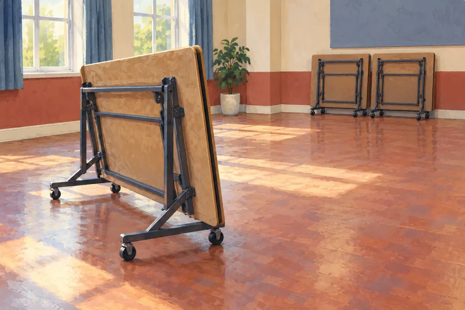 Editorial illustration: A folded table stands before two others in a training room with open floor space.