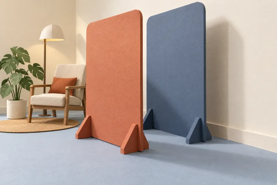 Editorial illustration: Two freestanding room screens with visible feet in front of an intact wall, with an armchair and plant beside them.