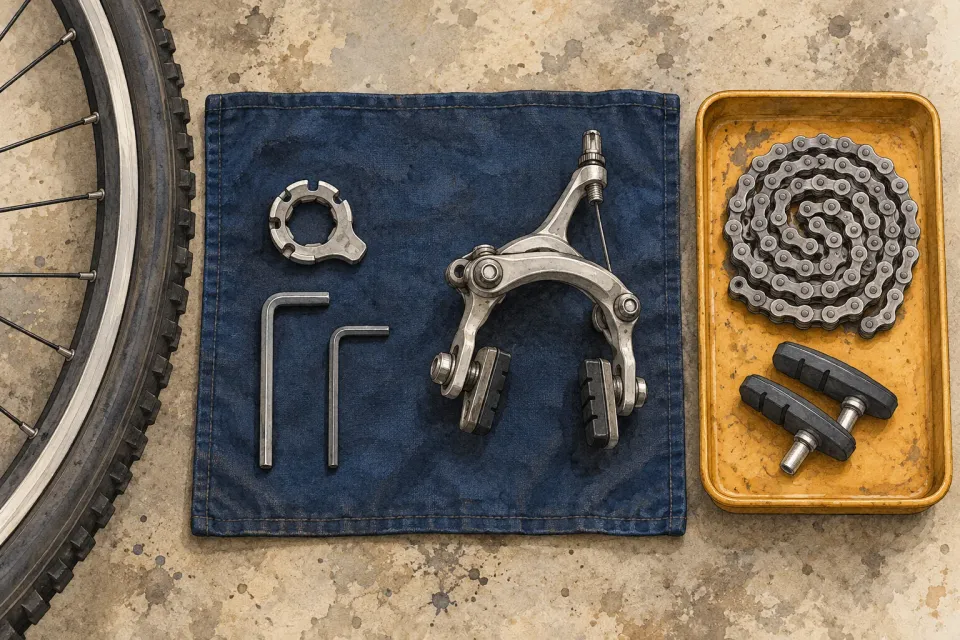 Editorial illustration: Bicycle tools and a brake on a blue work mat, with a chain and spare brake pads in a separate yellow tray.
