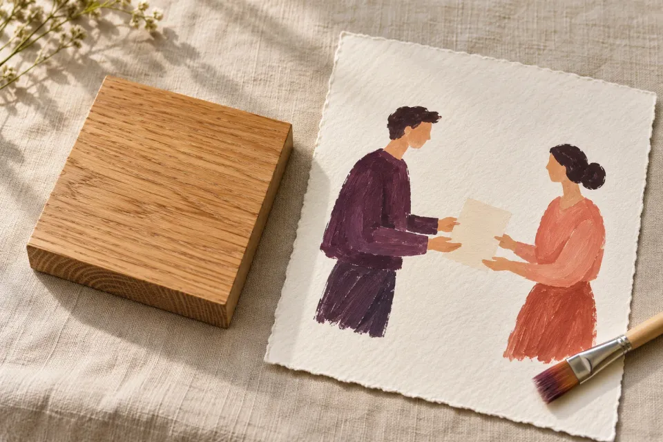 Editorial illustration: A wood sample lies beside a gouache painting of two people holding a blank sheet between them.