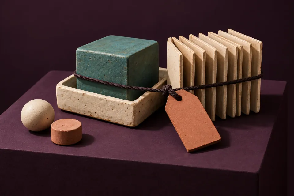 Editorial illustration: A ceramic cube and folded slabs are tied together with a blank price tag, while two small pieces sit outside.