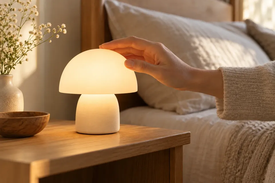 AI-generated illustration of a small table lamp with an adult hand providing a sense of product size.