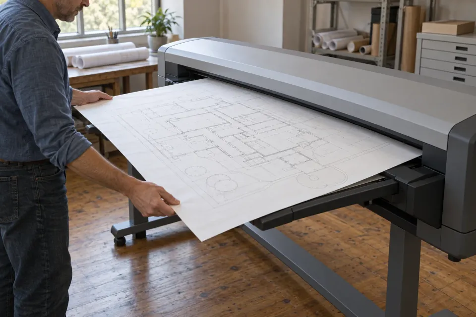 Editorial illustration: A person supports a large unfolded drawing at the feed of a wide scanner in a workshop.