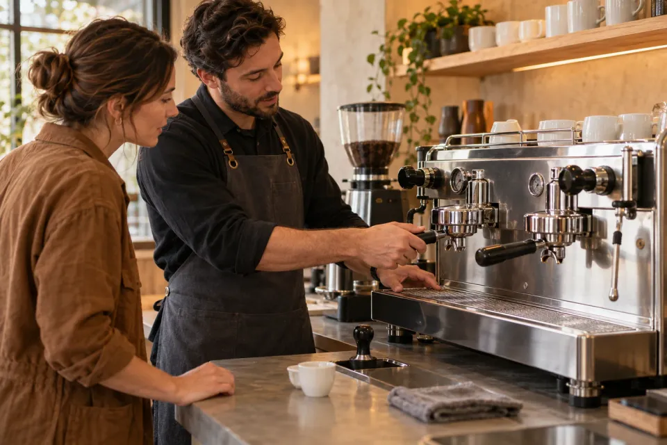 Illustration: a specialist demonstrates a professional espresso machine to a cafe owner.