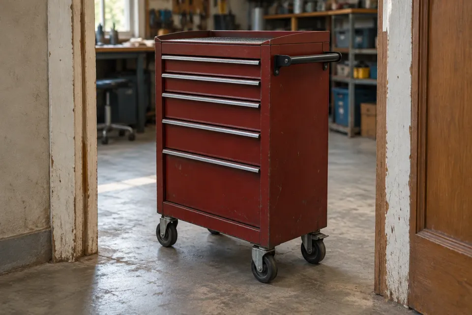 Editorial illustration: A red tool trolley with a projecting side handle stands in a workshop doorway.
