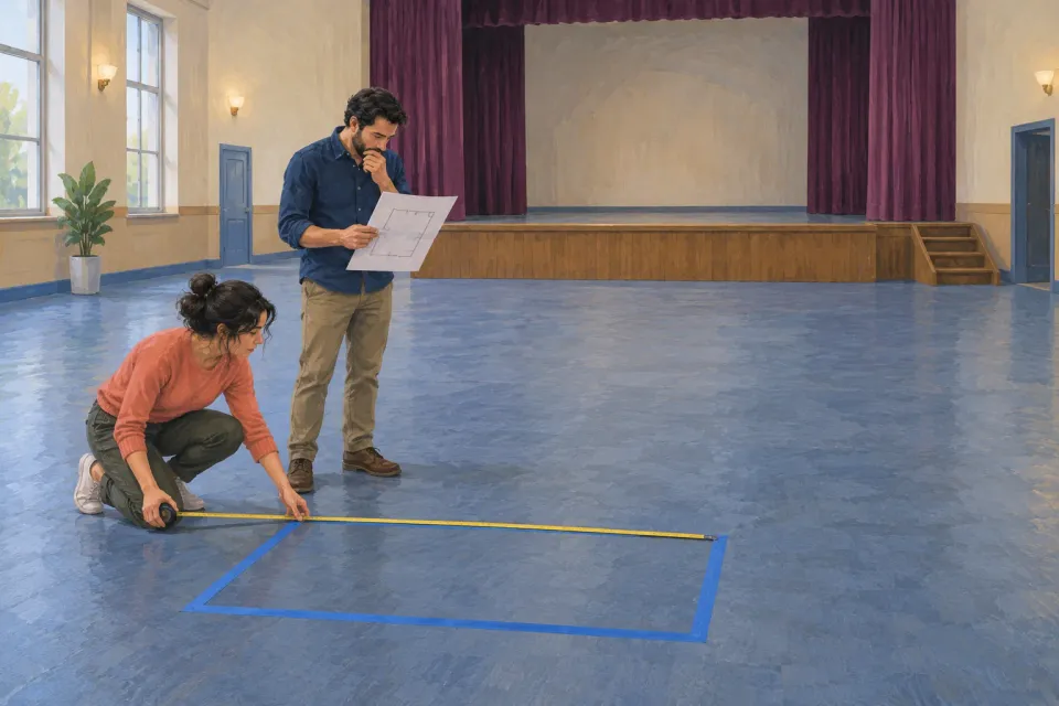 Editorial illustration: Two people assess spacing and a marked footprint in front of an empty stage.