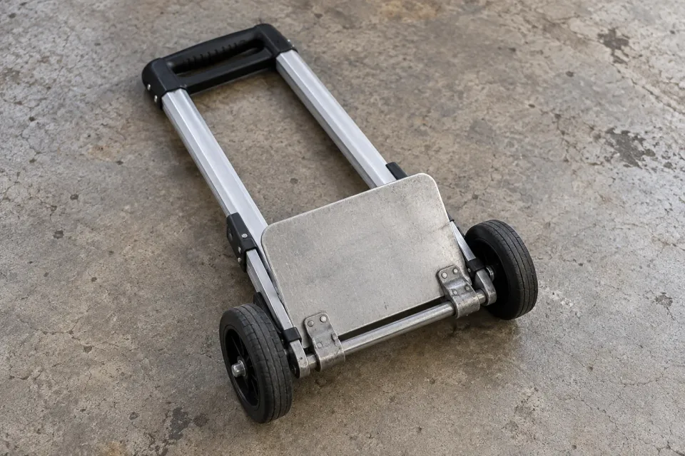 Editorial illustration: A folded hand trolley rests on a concrete floor with its handle, two wheels and toe-plate hinges visible.