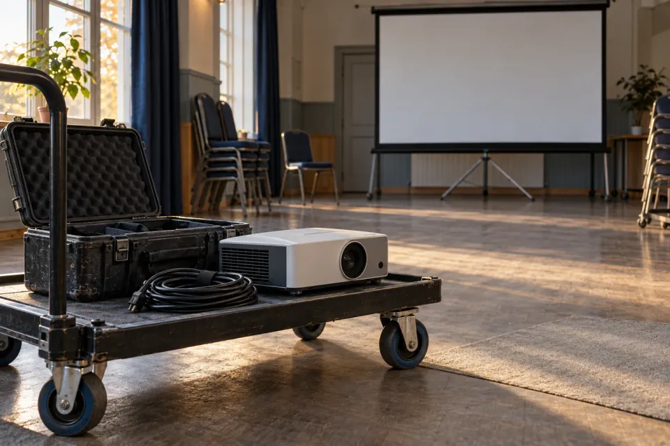Editorial illustration: A projector, open transit case and coiled cable sit on a cart in an empty event room.