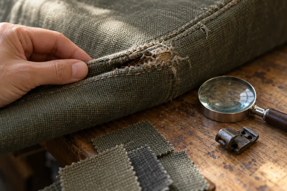 Editorial illustration: A hand examines a worn fabric seam beside fabric samples, a loose fitting and a magnifying glass.