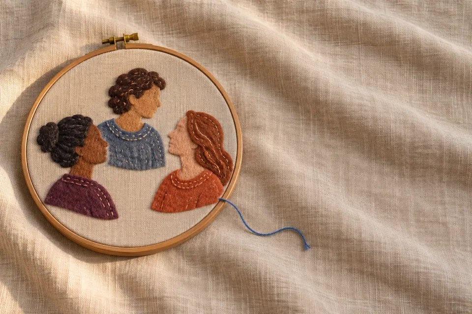 Editorial illustration: Three small stitched profile portraits sit inside an embroidery hoop surrounded by unworked linen.