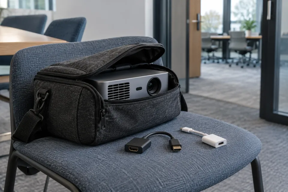 Editorial illustration: A portable projector in an open carrying bag with separate connection adapters on a chair beside a meeting room.
