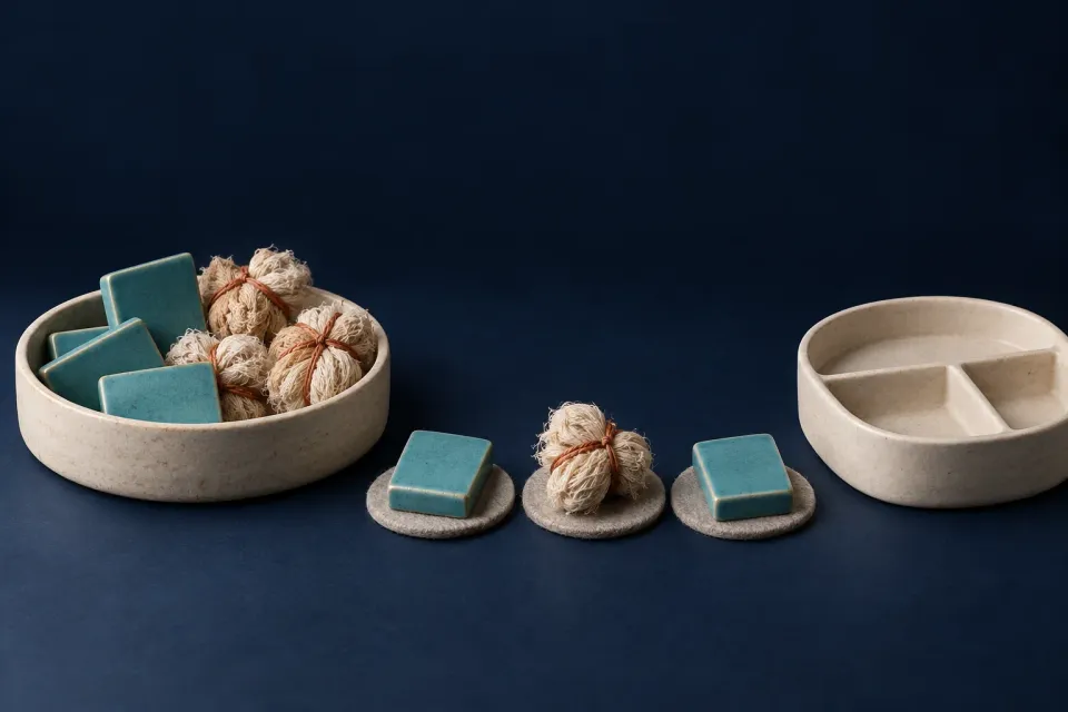 Editorial illustration: Turquoise ceramic pieces and tied fibre bundles sit in a bowl and on separate felt pads beside an empty divided vessel.
