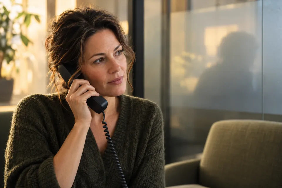 Editorial illustration: A woman listens on a telephone handset beside frosted glass and an empty meeting chair.