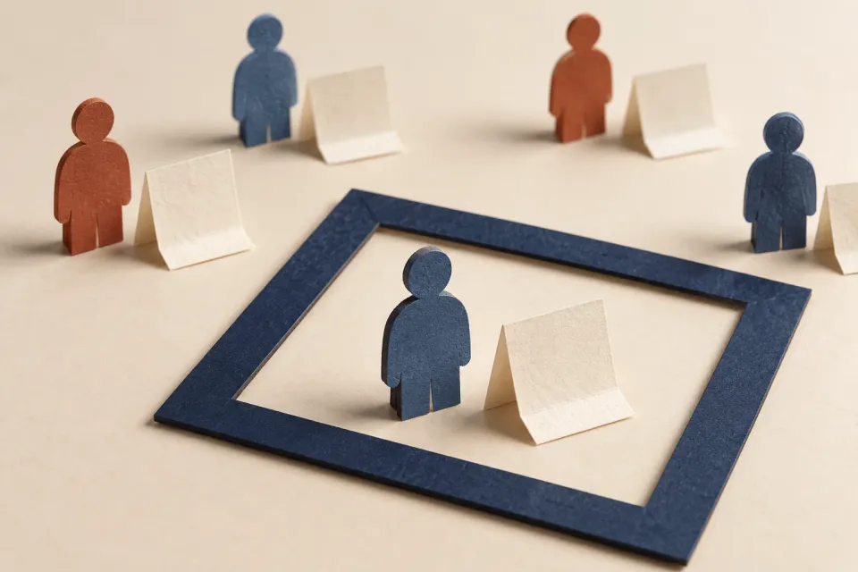 Editorial illustration: A dark paper frame encloses a blue person cutout and a folded blank sheet among several similar pairs.