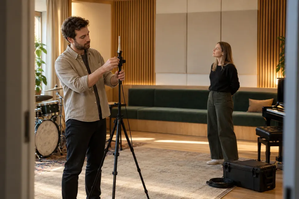 Illustration: an acoustic consultant adjusts a measurement microphone while a client observes in a music studio.