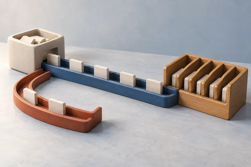 Editorial illustration: Blank tokens stand in a blue channel between a container and a compartment rack, with an incomplete red side route.