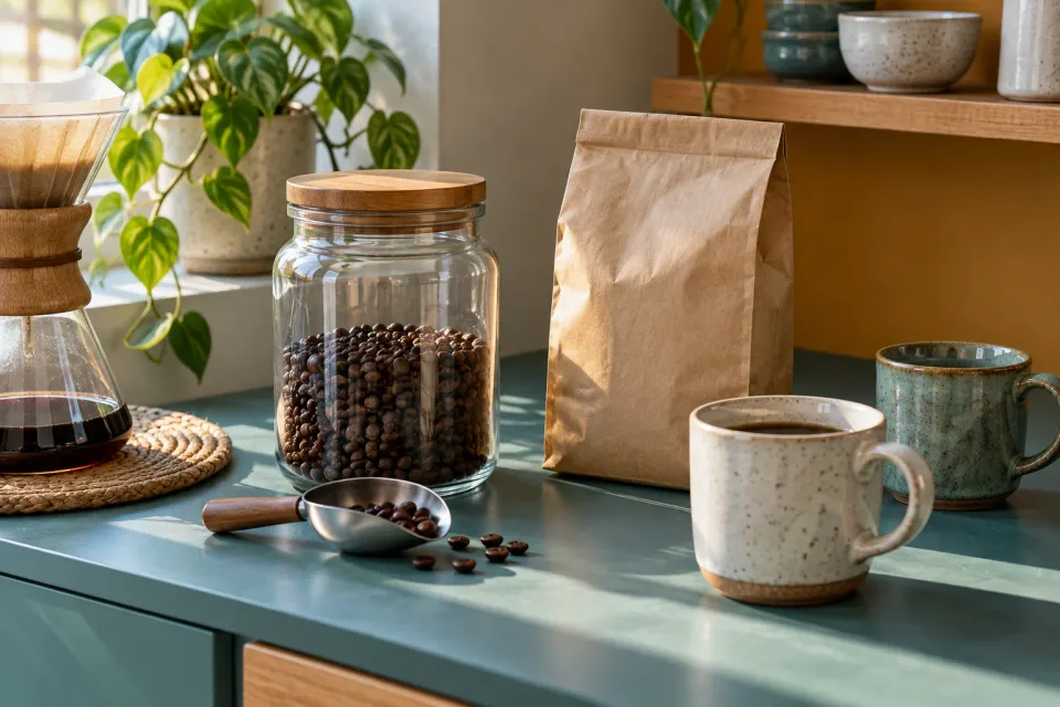 Editorial illustration: Coffee beans in a partly filled glass jar, an unbranded bag, a scoop and two ceramic cups.