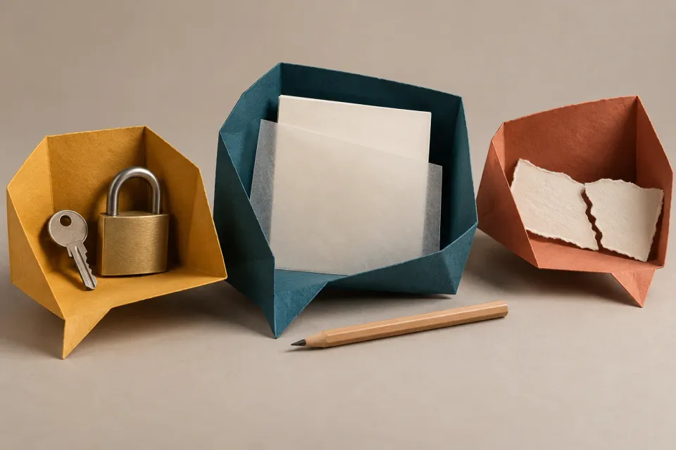 Editorial illustration: Three folded paper forms hold a lock and key, a sheet behind vellum and a torn sheet, with a pencil in front.