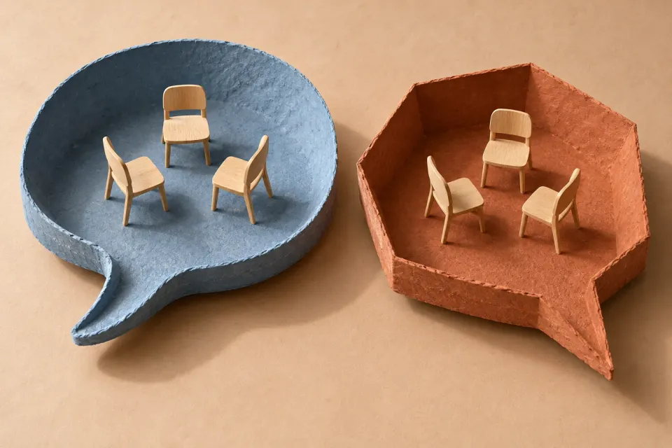 Editorial illustration: Two differently shaped blue and rust paper speech bubbles each contain three wooden chairs in a conversation circle.