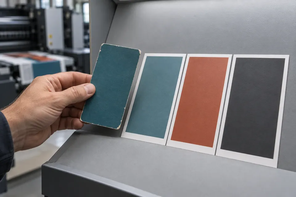 Editorial illustration: A hand holds a worn teal colour reference beside fresh print samples in teal, terracotta and charcoal.