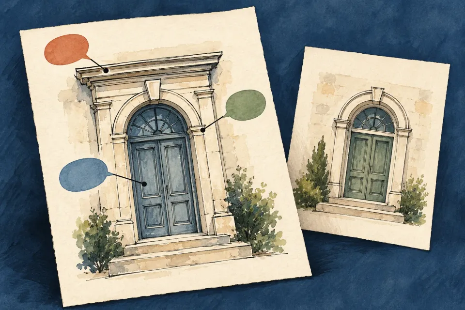 Editorial illustration: Two drawn doorways on separate sheets, with three empty speech bubbles linked to the front sheet.