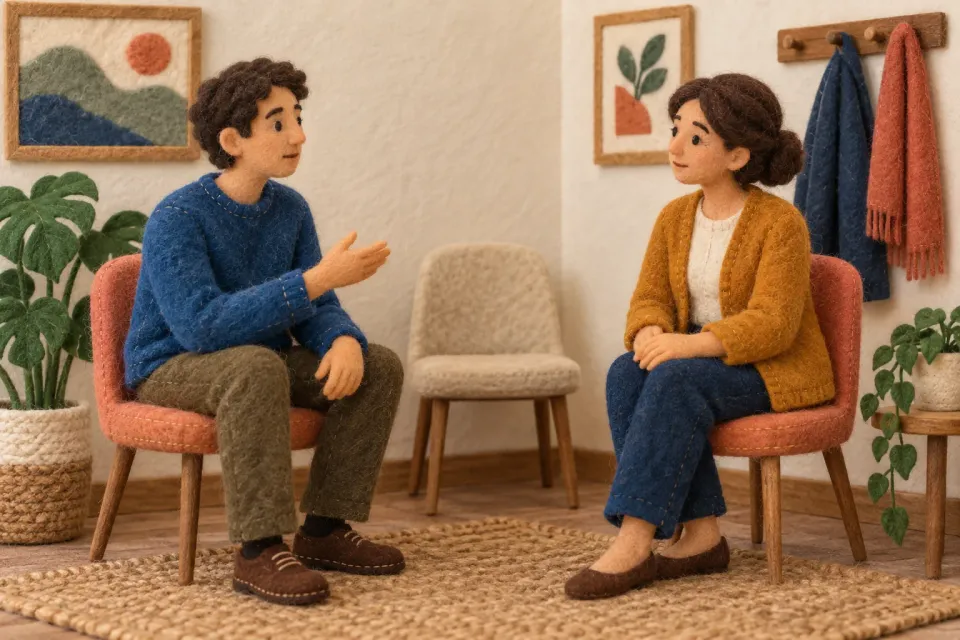 Editorial illustration: Two felt figures talk in a waiting room, one gesturing and the other listening, with an empty chair between them.