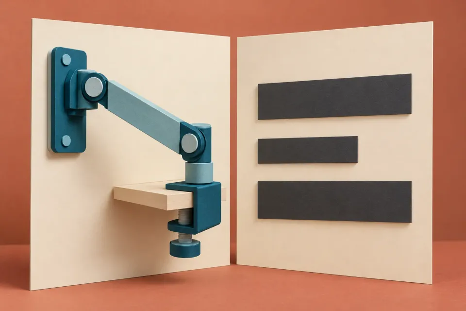 Editorial illustration: Two paper panels show a blue articulated mounting mechanism and three dark strips without text.