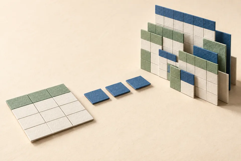 Editorial illustration: A simple paper table sits before a more complex group of grids, with blue paper tiles between them.