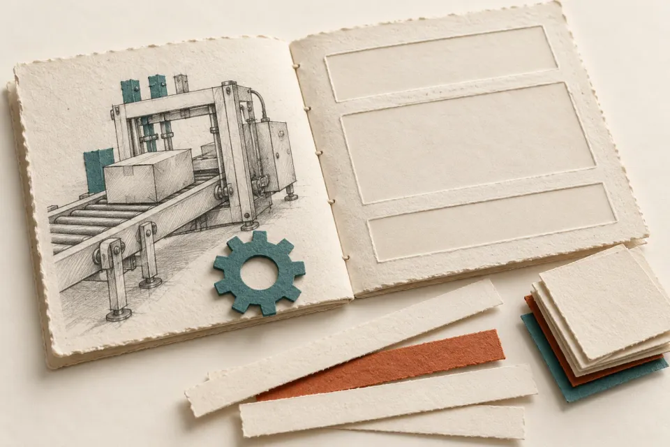 Editorial illustration: A paper booklet with a machine sketch, empty page areas, loose strips and small blank cards.