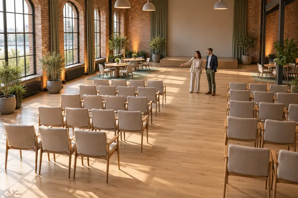 Illustration: two organisers inspect rows of chairs and a broad aisle in a warm, sunlit meeting venue.