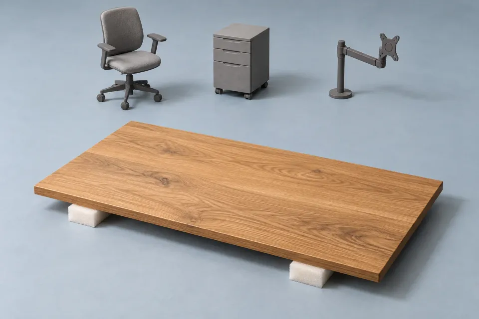 Editorial illustration: A loose wooden tabletop on two supports sits before a separate chair, drawer pedestal and monitor arm in a model arrangement.