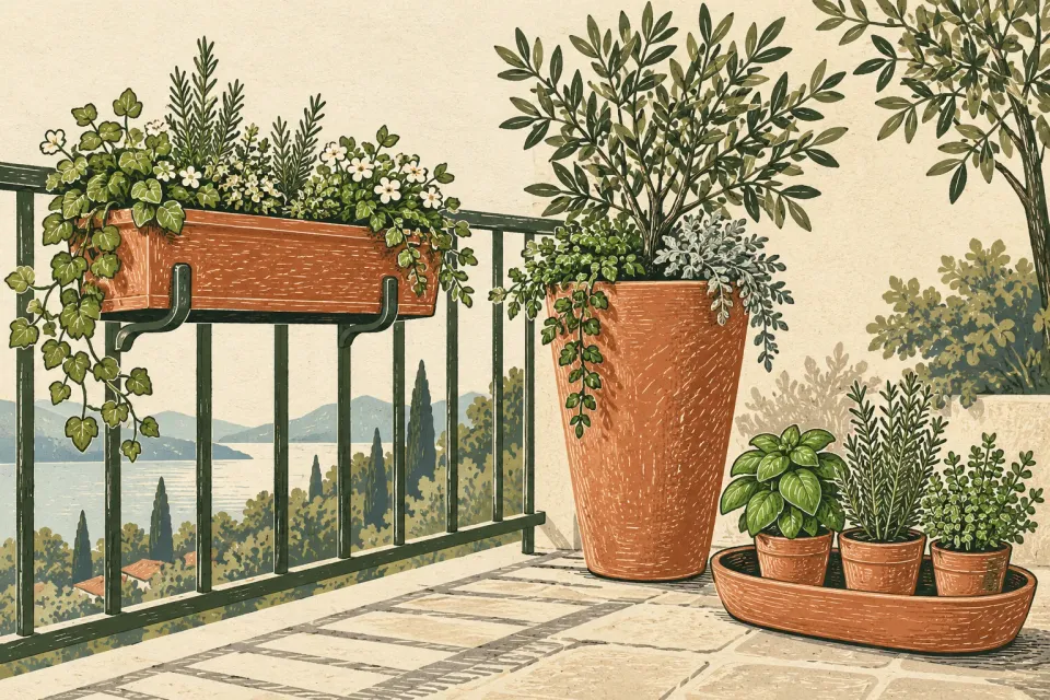 Editorial illustration: A railing-mounted balcony box, a tall planter and three small herb pots in a tray share the same terracotta color.