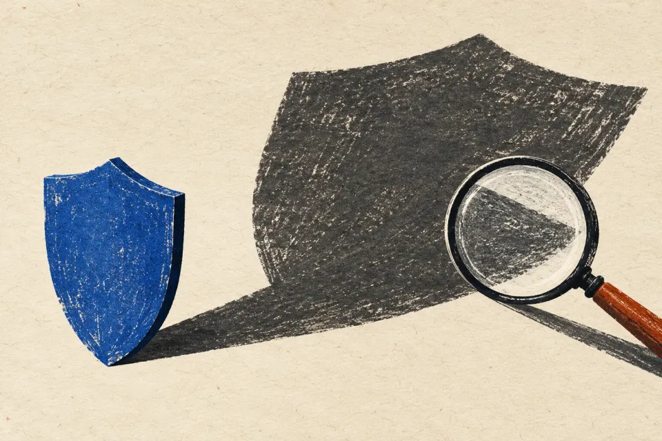 Editorial illustration: A small blue shield casts a large dark shadow examined through a magnifying glass.
